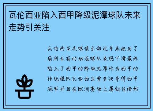 瓦伦西亚陷入西甲降级泥潭球队未来走势引关注